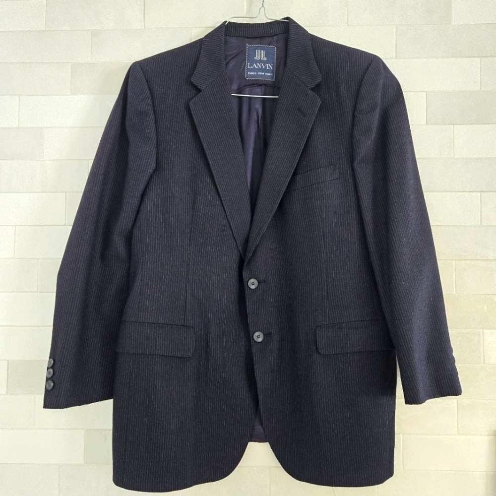 Lanvin Vintage Wool Blazer Sport Coat Suit Jacket Navy Pinstripe Two-Button 46